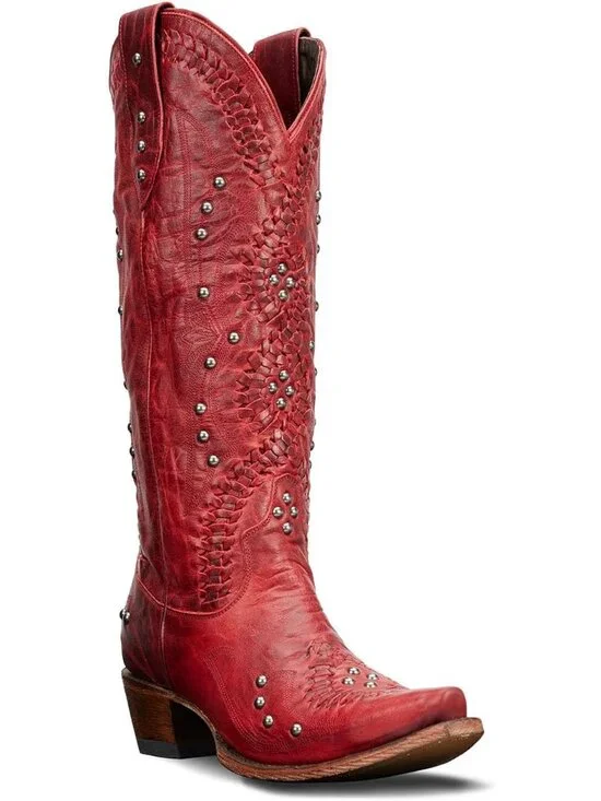 Women's Red Leather Pointed Toe Chunky Heel Pull on Zipper Cowboy Boot - Picture 6 of 6